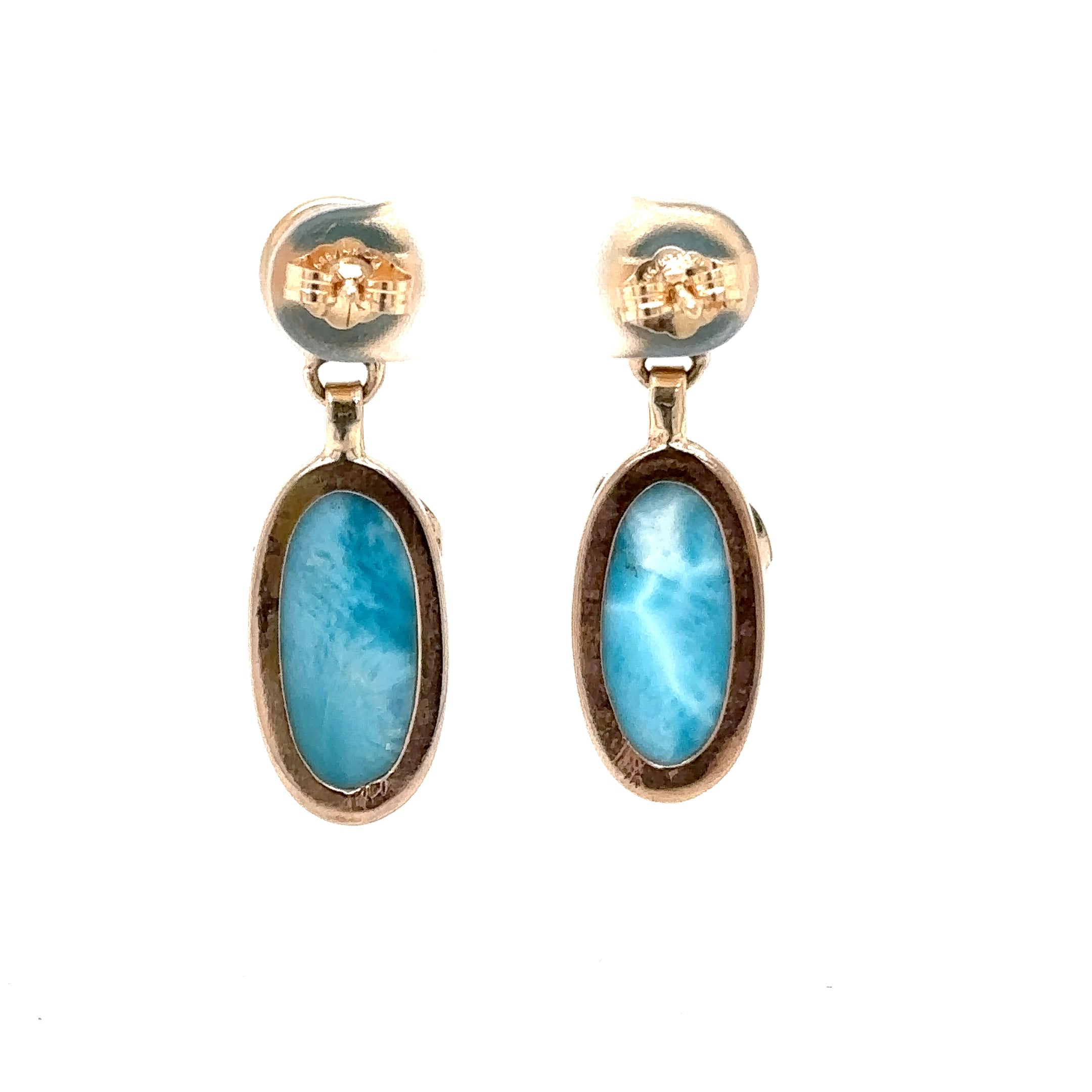 Natural Larimar Earrings 14K Solid Gold Earrings Dangle Drop Earrings Statement Earrings Cocktail Earrings Caribbean Blue Gemstones Estate