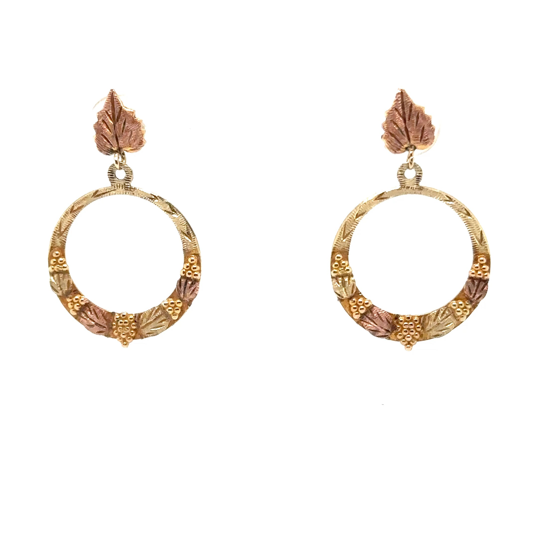 Black Hills Gold Earrings 10K Gold Dangle Drop Circle Earrings Tri-Color Earrings South Dakota Earrings Vintage Estate Earrings Hoops