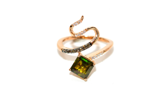 LeVian Natural Sphene & Diamond Ring 14K Solid Rose Gold 1.72tcw Titanite Ring Sphene Ring Snake Ring Designer Ring LeVian Bridal Statement