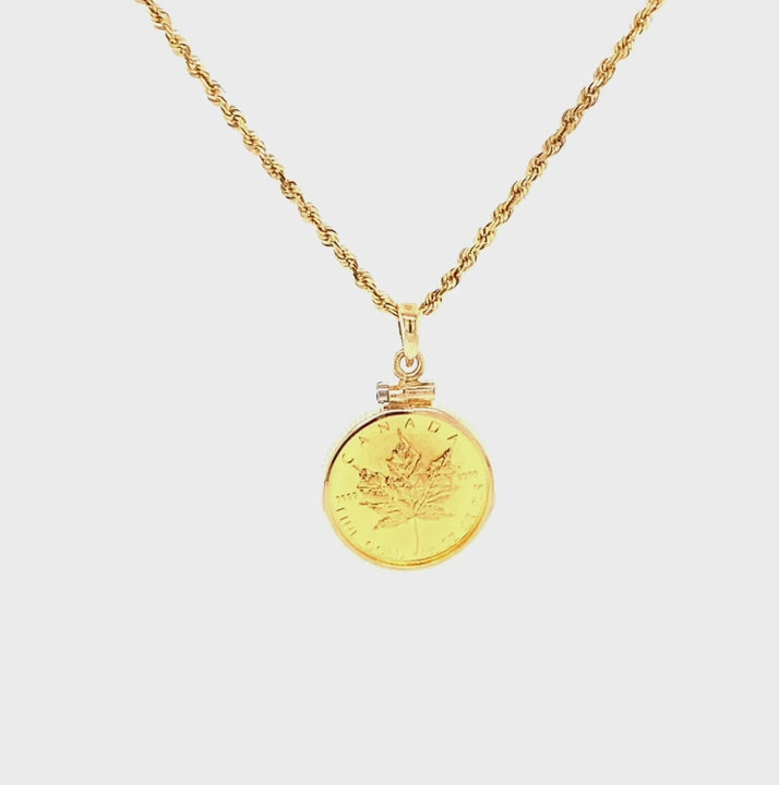 1982 .999 Canadian Gold Maple Leaf 5 Dollar Coin Pendant Necklace 14K Solid Gold Canadian Mint Necklace Bullion Coin Maple Coin Necklace