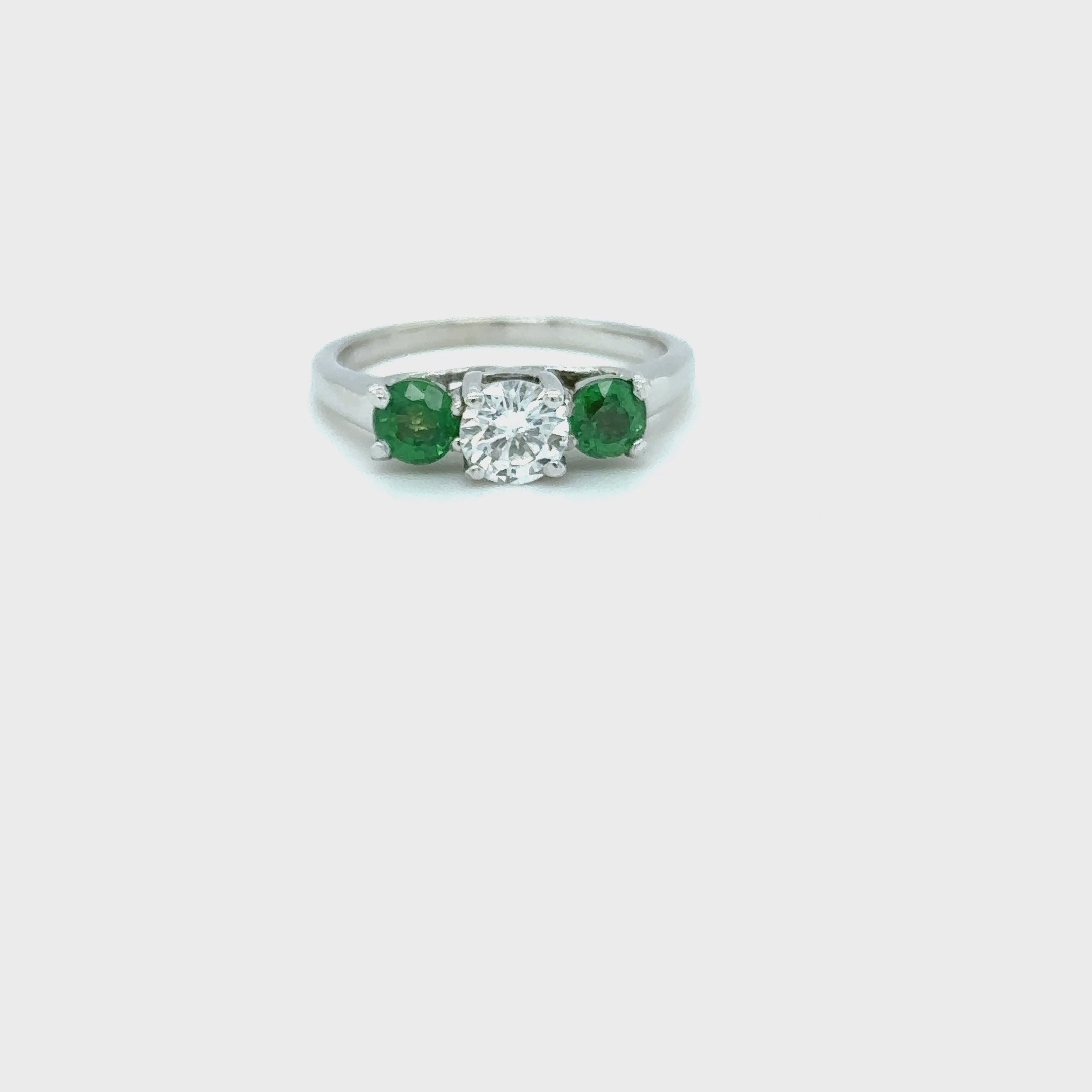 Natural Tsavorite Garnet & Diamond Ring 14K Solid White Gold Platinum 1.11tcw Gemstone Estate Jewelry Jewellery Three-Stone Ring Neon Green