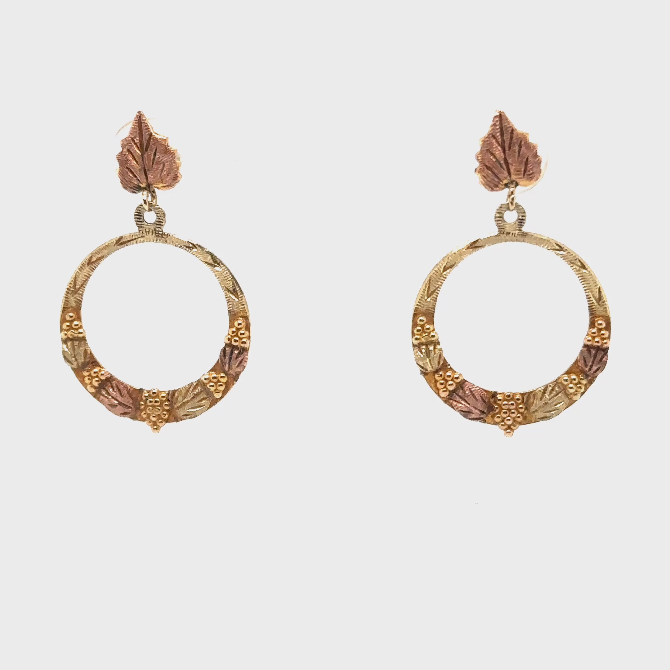 Black Hills Gold Earrings 10K Gold Dangle Drop Circle Earrings Tri-Color Earrings South Dakota Earrings Vintage Estate Earrings Hoops