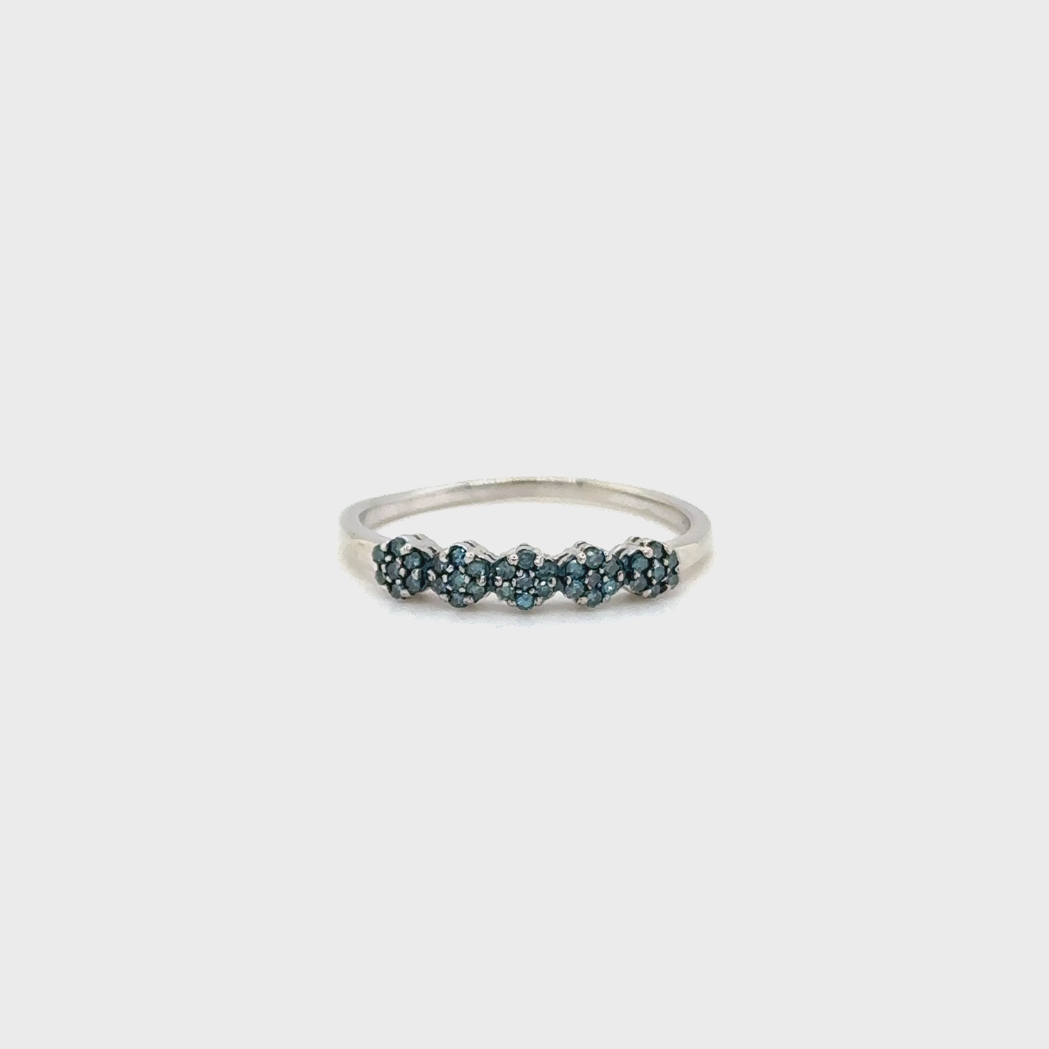 Natural Fancy Blue Diamond Ring 10K White Gold .18tcw Flower Band Cluster Gemstone Promise Ring Bridal Jewelry Vintage Estate Jewelry