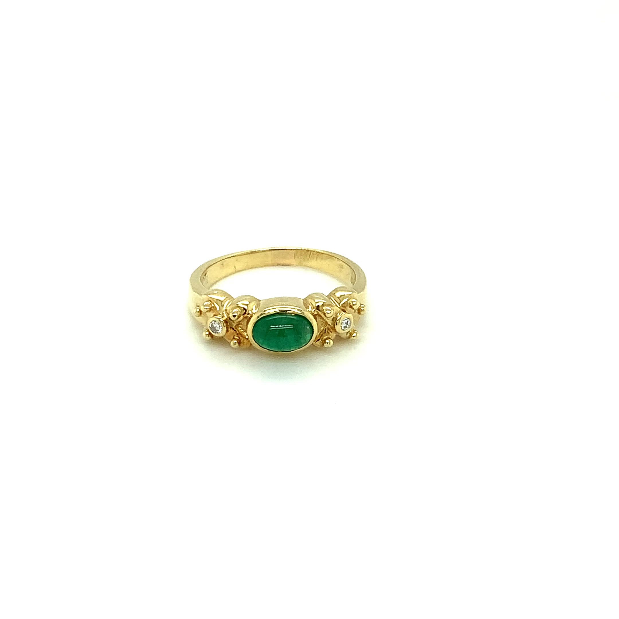 Natural Colombian Emerald & Diamond Ring 18K Solid Gold .61tcw Gemstone Ring Band Ring Stackable Ring Vintage Ring Natural Cabochon Emerald