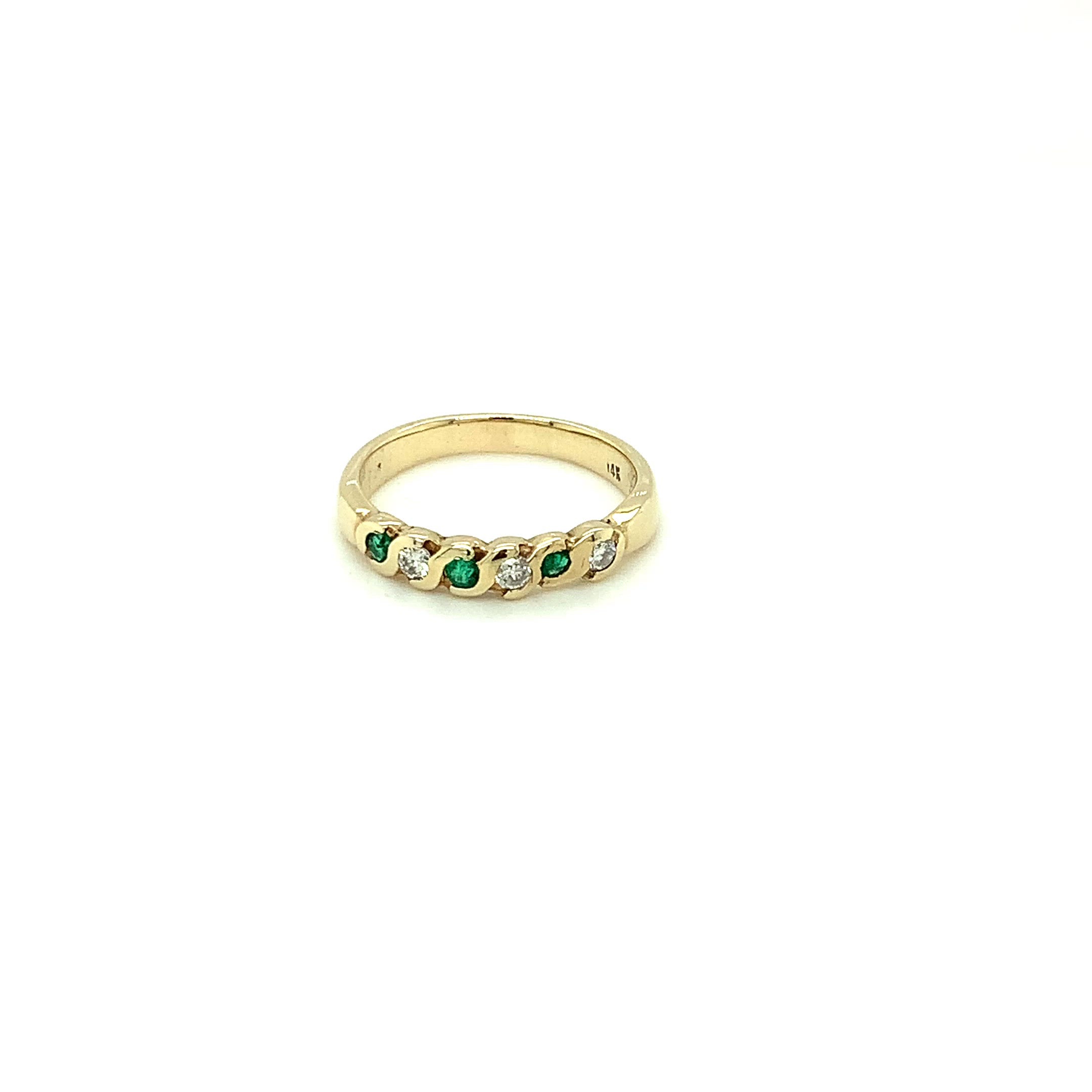 Natural Colombian Emerald & Diamond Band 14K Solid Gold .21tcw Wedding Ring Stackable Ring Band Ring Women’s Ring May Birthstone Ring Estate