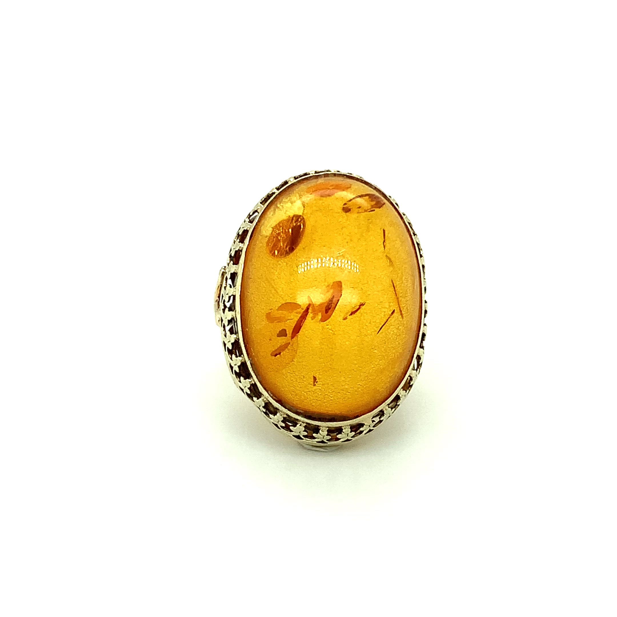 Natural Amber Ring 14K Solid Gold Solitaire Statement Antique Cocktail Vintage Fine Estate Jewelry