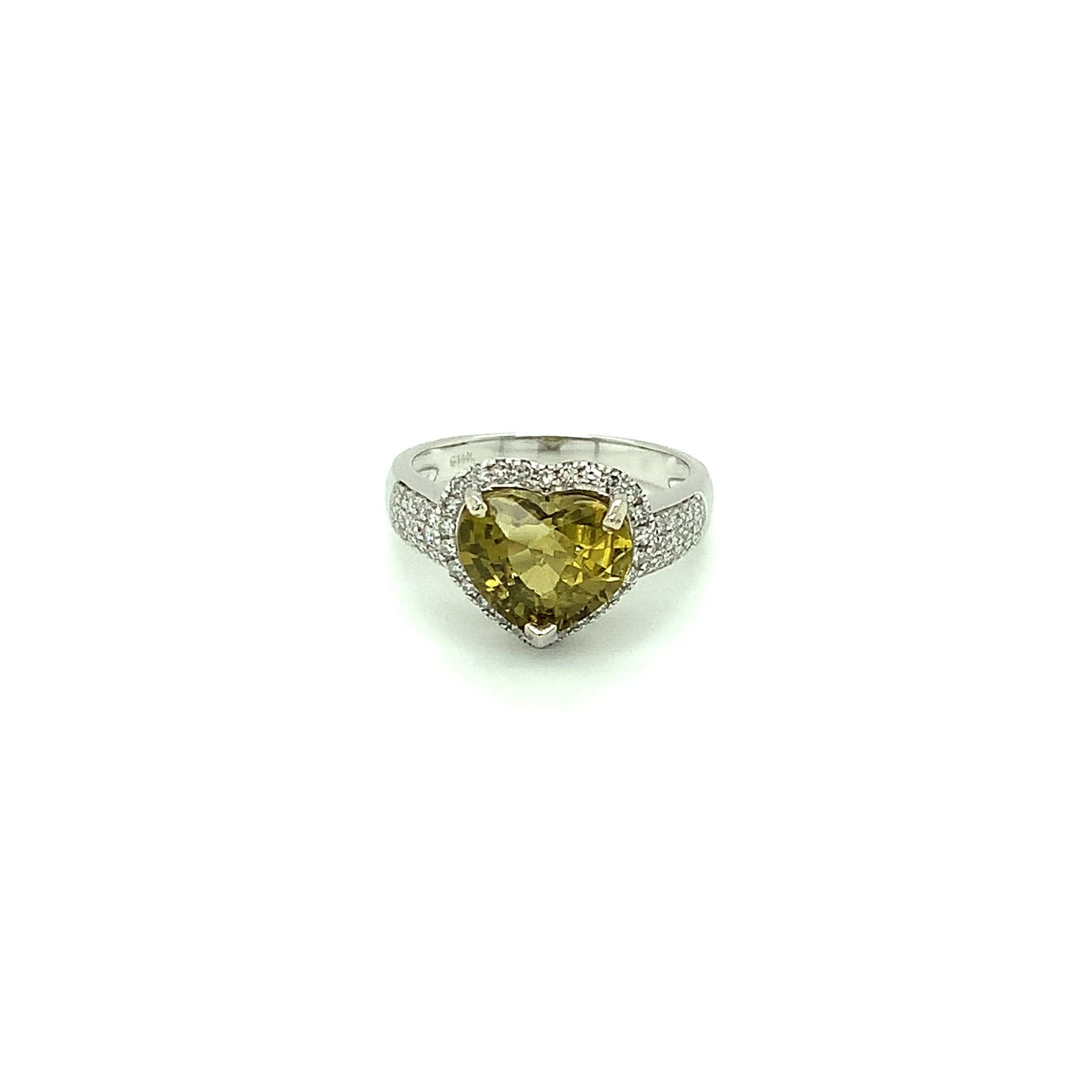 GIA Certified Natural Demantoid Garnet & Diamond Ring 14K Solid White Gold 4.15tcw Heart Ring Garnet Ring Cocktail Ring Anniversary Ring