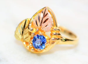 Natural Ceylon Sapphire Ring 10K Solid Gold .66ct Sri Lankan Sapphire Ring Black Hills Dakota Ring Leaf Ring Nature Ring Boho Jewelry Estate