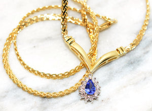 Natural Tanzanite & Diamond Necklace 14K Solid Gold .48tcw Pendant Necklace December Birthstone Cocktail Necklace Fine Jewelry Estate Vintage
