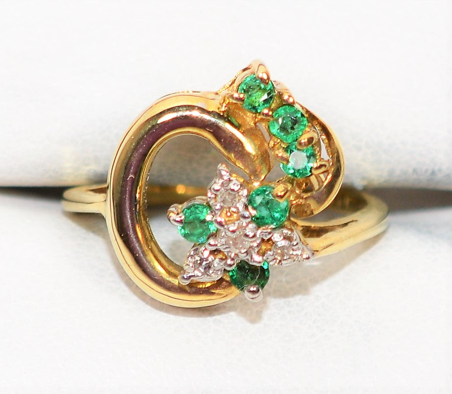 Natural Colombian Emerald & Diamond Ring 10K Solid Gold .21tcw Cluster Ring Gemstone Ring May Birthstone Ring Women’s Ring Statement Ring