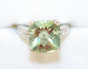 Natural Brazilian Prasiolite & Diamond Ring 14K Solid White Gold 7.29tcw Cocktail Ring Statement Ring Amethyst Ring Green Ring Estate Ring