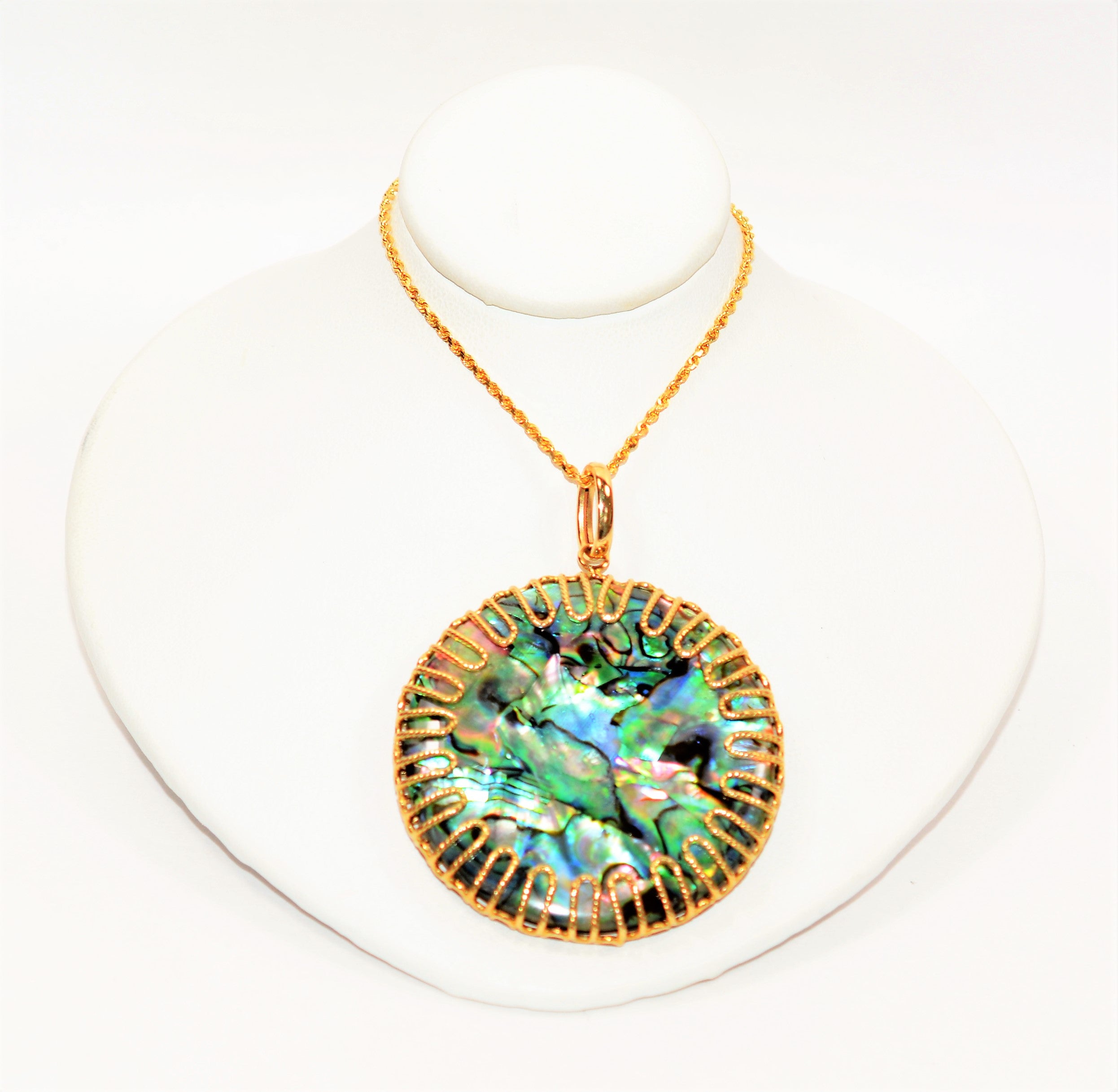 Natural Abalone Necklace 14K Solid Gold 48mm Pendant Necklace Reversible Pendant Gemstone Necklace Statement Necklace Abalone Shell Estate