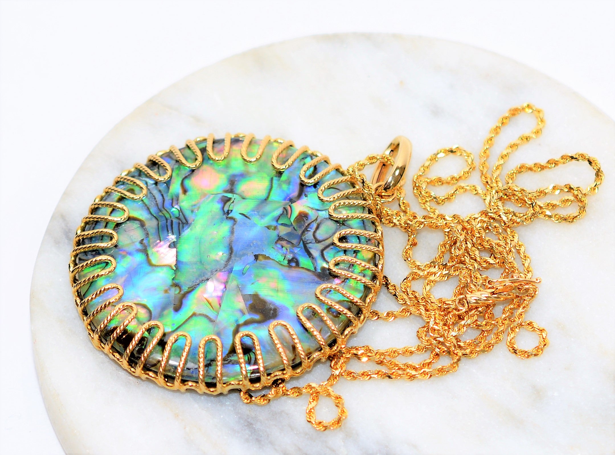 Natural Abalone Necklace 14K Solid Gold 48mm Pendant Necklace Reversible Pendant Gemstone Necklace Statement Necklace Abalone Shell Estate