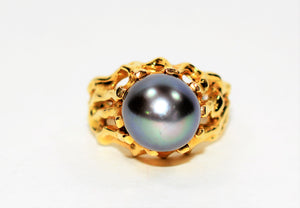 Natural Tahitian Pearl Ring 18K Solid Gold 10mm Black Pearl Ring Vintage Ring Cocktail Ring June Birthstone Ring Solitaire Ring Estate Ring