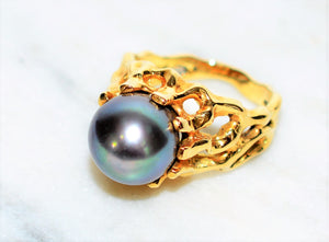 Natural Tahitian Pearl Ring 18K Solid Gold 10mm Black Pearl Ring Vintage Ring Cocktail Ring June Birthstone Ring Solitaire Ring Estate Ring