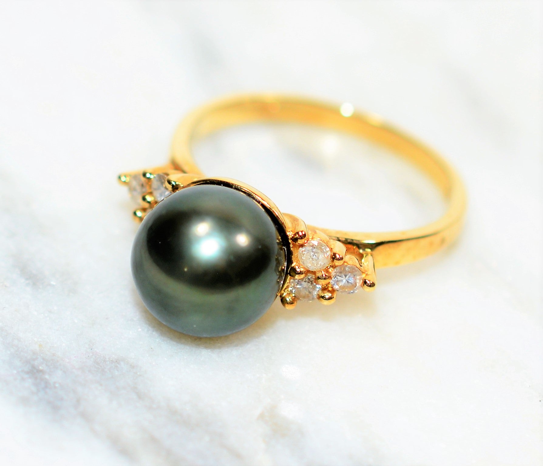 Natural Tahitian Pearl & Diamond Ring 14K Solid Gold .18tcw Black Pearl Ring Gemstone Ring June Birthstone Ring Vintage Ring Women's Ring