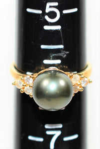 Natural Tahitian Pearl & Diamond Ring 14K Solid Gold .18tcw Black Pearl Ring Gemstone Ring June Birthstone Ring Vintage Ring Women's Ring