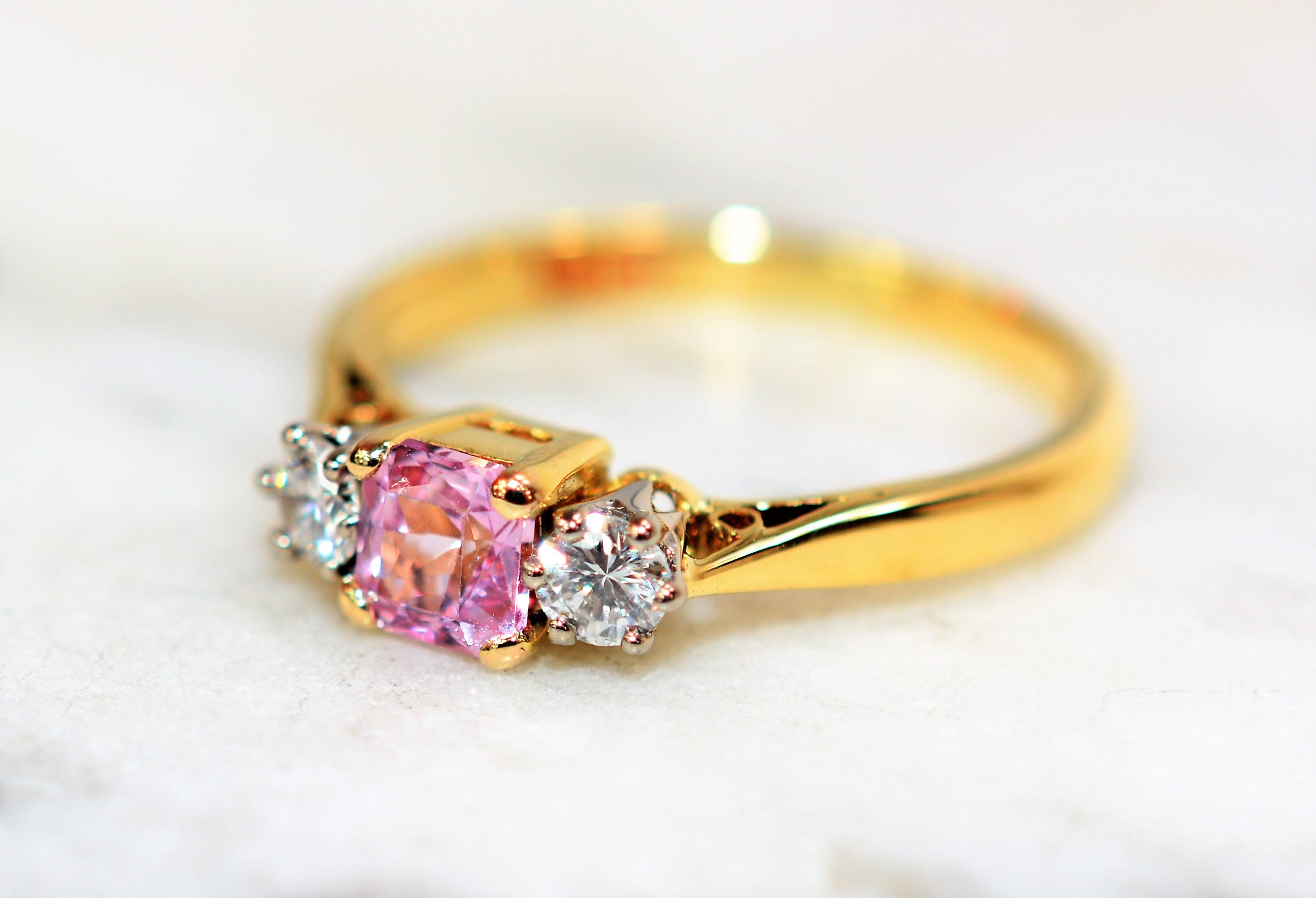 Natural Padparadscha Sapphire & Diamond Ring 18K Solid Gold .70tcw Engagement Ring Three Stone Ring Wedding Ring Promise Ring Fashion Ring