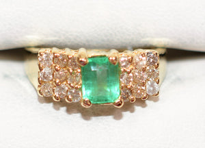 Natural Colombian Emerald & Diamond Ring 14K Solid Gold 1.41tcw Cluster Ring May Birthstone Ring Vintage Ring Gemstone Ring Ladies Ring Fine