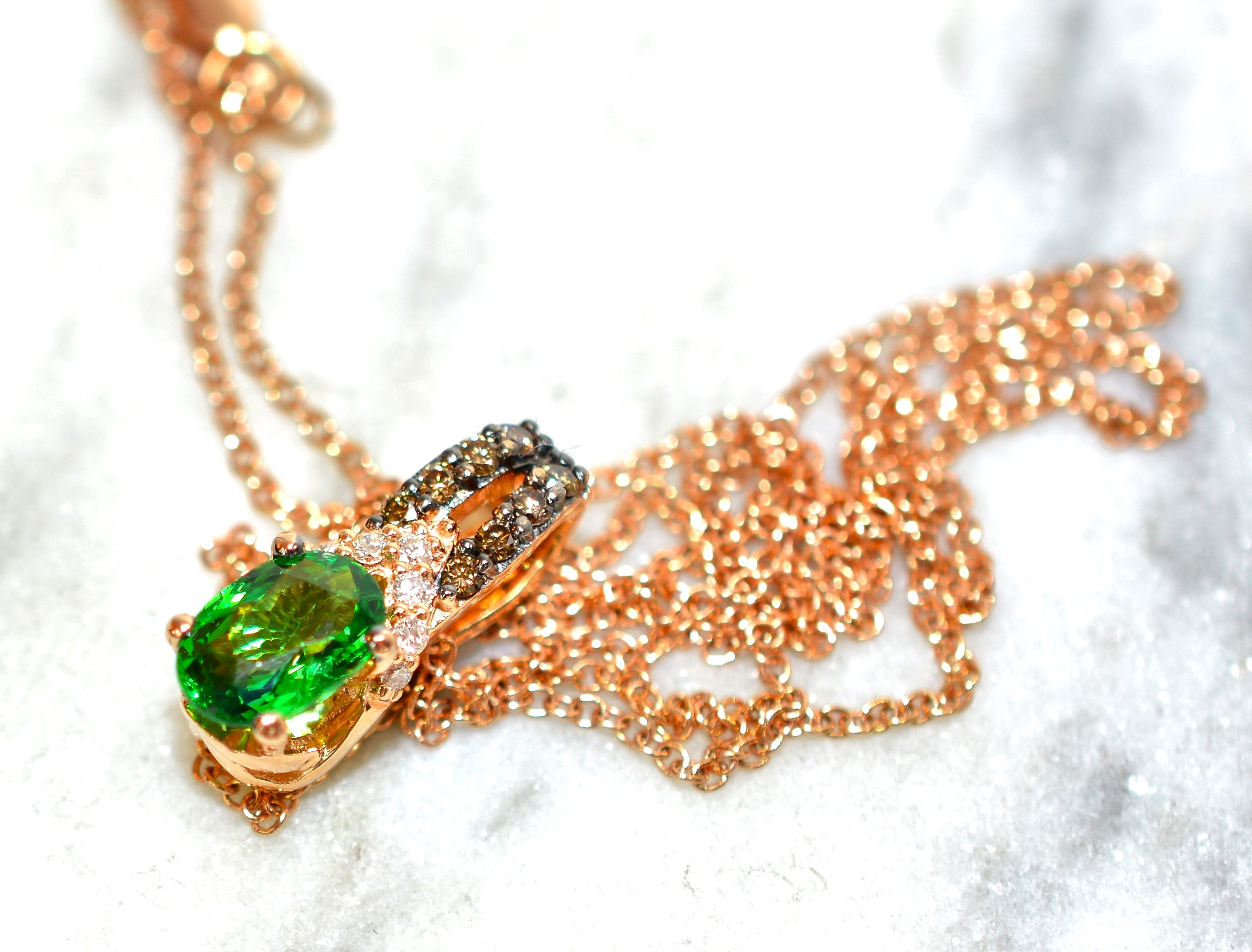 LeVian Natural Tsavorite Garnet & Chocolate Diamond Necklace 14K Solid Rose Gold 1.04tcw Pendant Necklace Designer Necklace Green Necklace