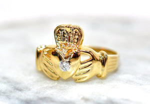 Irish Claddagh Ring Natural Diamond Ring 14K Solid Gold .17ct Men's Ring Heart Ring Fine Engagement Ring Promise Ring Jewellery Vintage Ring