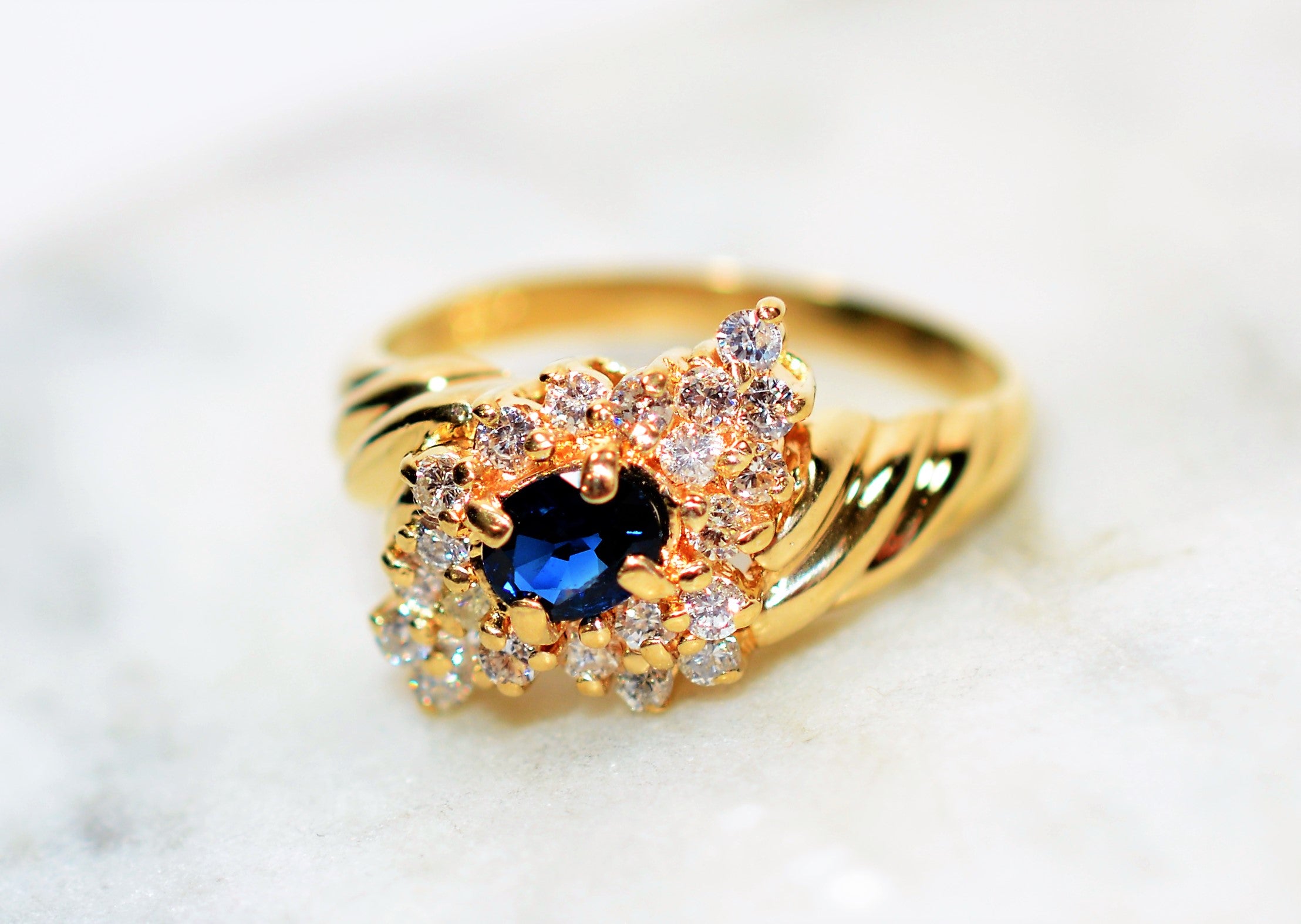 Natural Blue Sapphire & Diamond Ring 14K Solid Gold .76tcw Cluster Ring Vintage Ring Statement Ring September Birthstone Womens Ring Jewelry