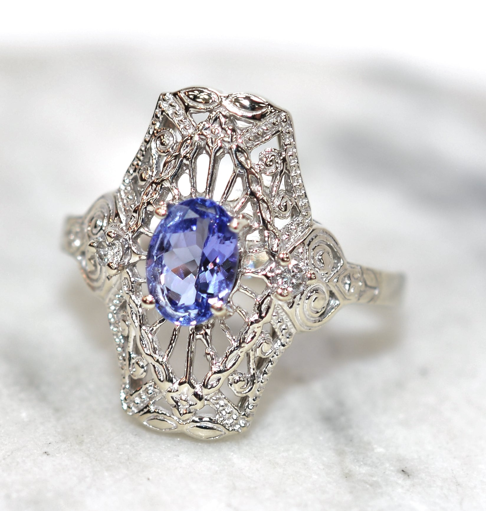 Natural Tanzanite & Diamond Ring 14K Solid White Gold .81tcw Tanzanite Ring Antique Ring Vintage Ring Estate Jewelry Statement Ring Violet