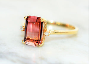 Natural Bi-Color Pink Tourmaline & Diamond Ring 10K Solid Gold 2.85tcw Engagement Ring Statement Ring Women's Ring Cocktail Ring Gemstone Ring