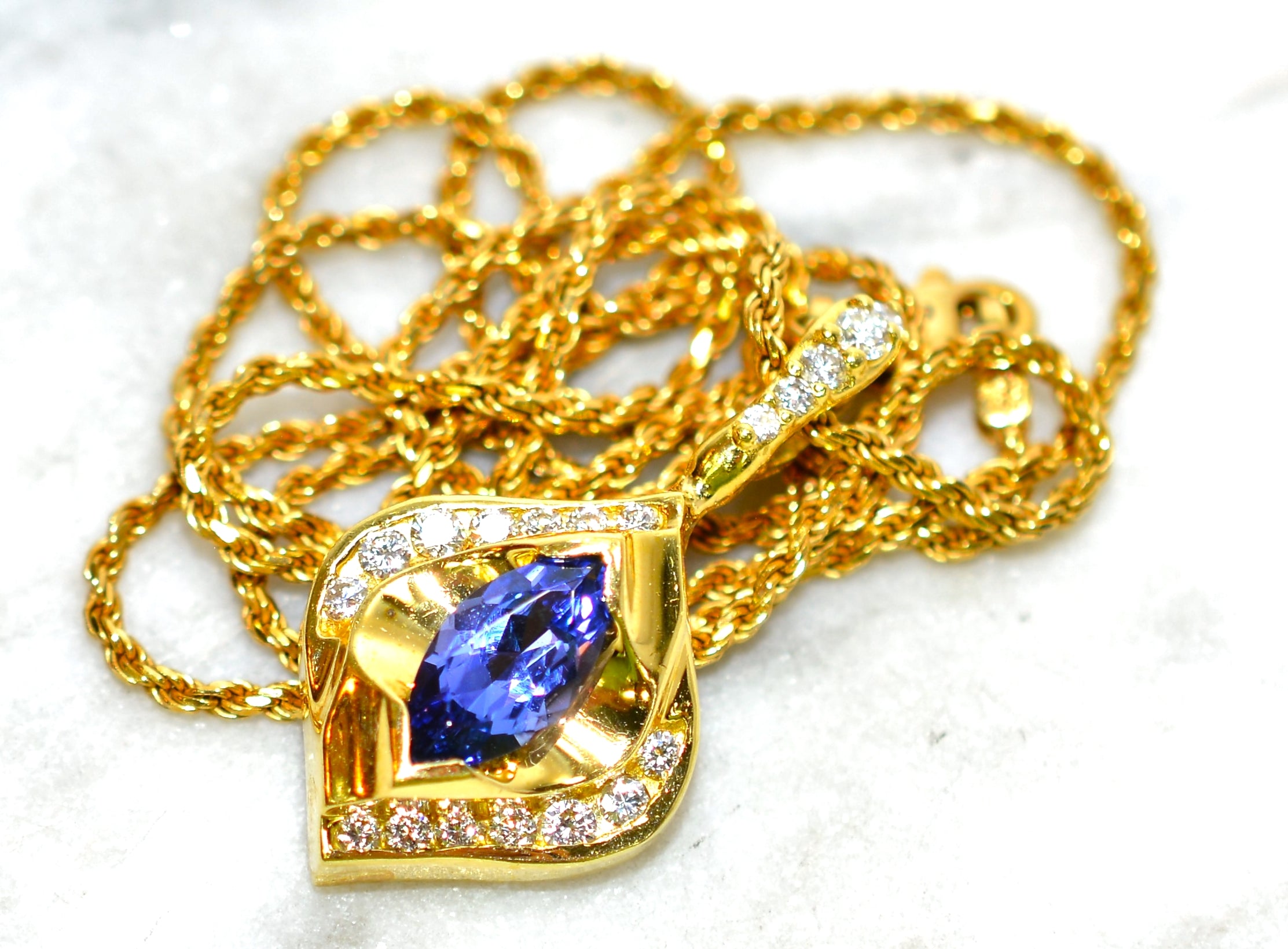 Natural D'Block Tanzanite & Diamond Necklace 18K Solid Gold 1.29tcw Gemstone Necklace Estate Necklace Cocktail Statement Necklace Birthstone