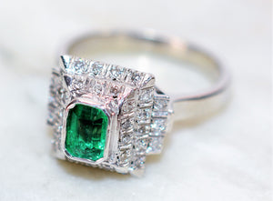 Natural Colombian Emerald & Diamond Ring 18K White Gold 1.23tcw Statement Ring Cocktail Ring May Birthstone Ring Fine Jewelry Women's Ring