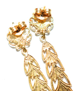 14K Solid Gold Earrings Feather Earrings Drop Earrings Dangle Earrings Vintage Earrings Fine Earrings Estate Jewelry Fine Estate Jewellery
