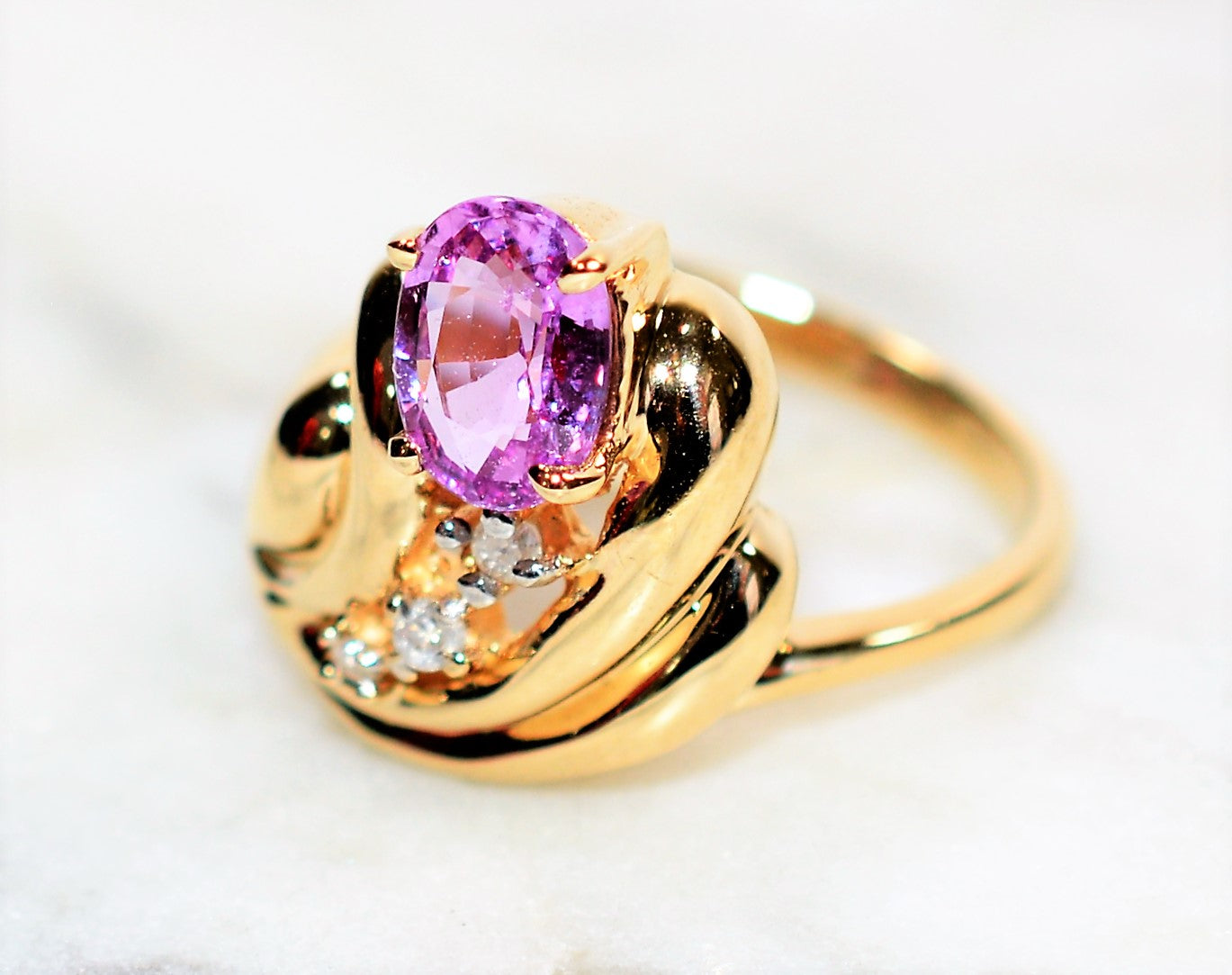 Natural Padparadscha Sapphire & Diamond Ring 14K Solid Gold .99tcw Cocktail Ring Statement Ring September Birthstone Ring Fine Vintage Ring