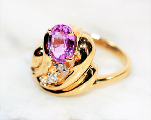 Natural Padparadscha Sapphire & Diamond Ring 14K Solid Gold .99tcw Cocktail Ring Statement Ring September Birthstone Ring Fine Vintage Ring