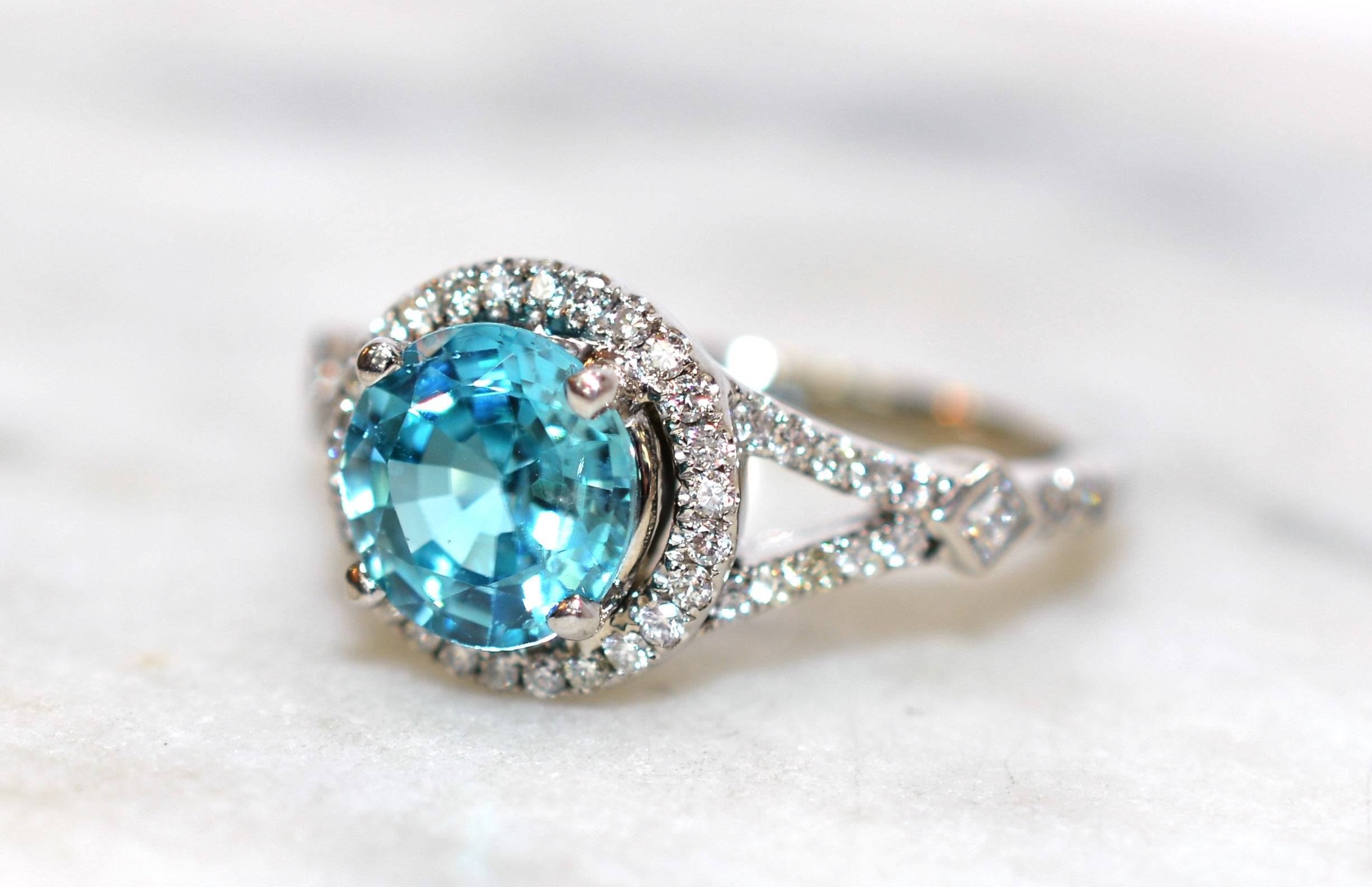 Natural Blue Zircon & Diamond Ring 14K Solid White Gold 2.12tcw Engagement Ring Wedding Ring Cocktail Ring Gemstone Ring Birthstone Ring