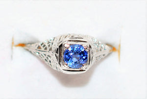 Natural Ceylon Sapphire Ring 19K Solid White Gold .68ct Sri Lankan Sapphire Ring Solitaire Ring Antique Ring Filigree Engagement Ring Bridal