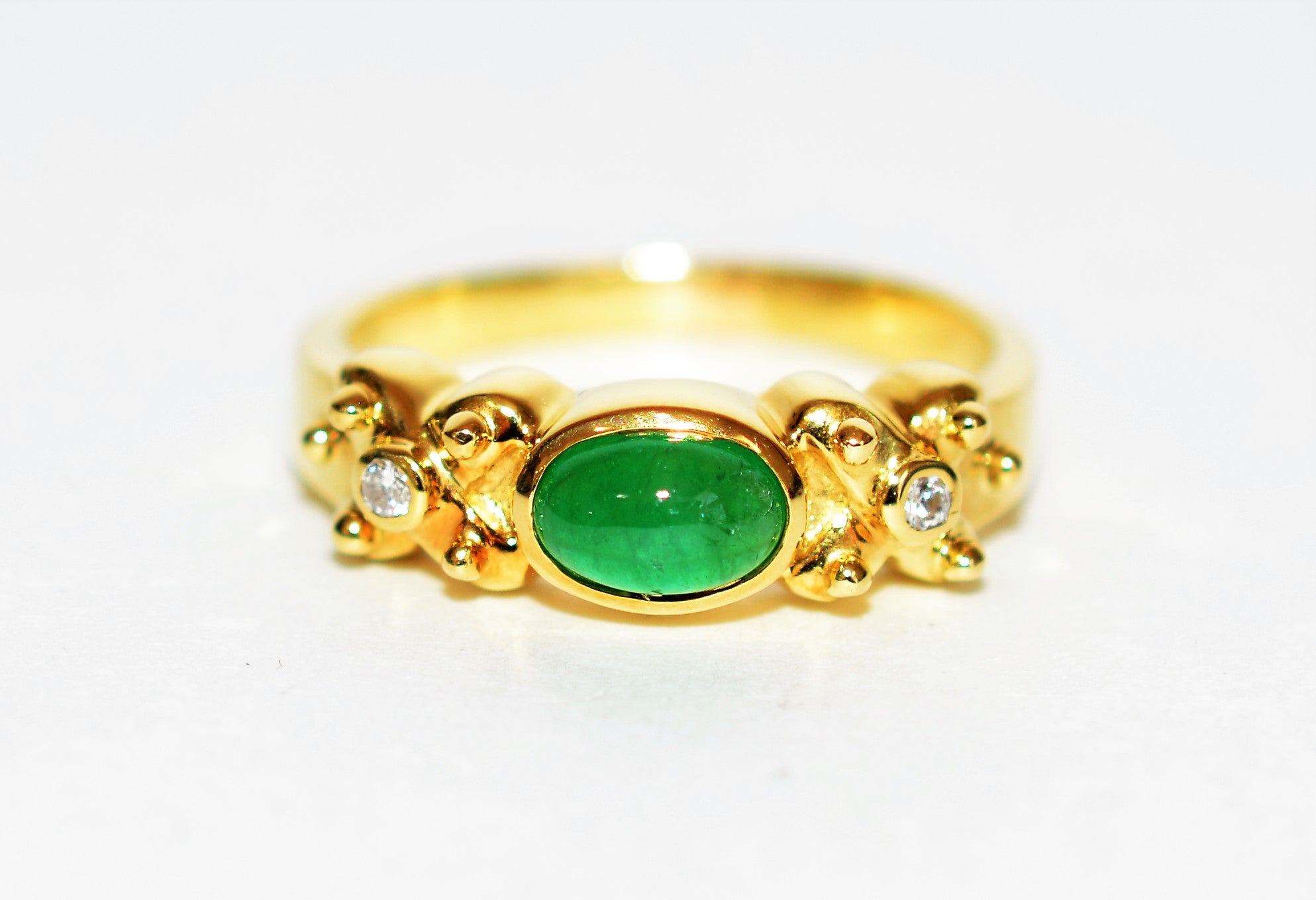 Natural Colombian Emerald & Diamond Ring 18K Solid Gold .61tcw Gemstone Ring Band Ring Stackable Ring Vintage Ring Natural Cabochon Emerald