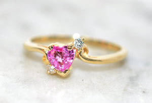 Natural Padparadscha Sapphire & Diamond Ring 14K Solid Gold .68tcw Heart Ring Birthstone Ring Promise Ring Engagement Ring Bridal Jewelry