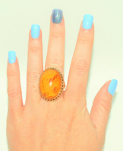 Natural Amber Ring 14K Solid Gold Solitaire Statement Antique Cocktail Vintage Fine Estate Jewelry