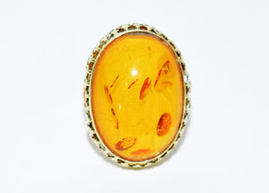 Natural Amber Ring 14K Solid Gold Solitaire Statement Antique Cocktail Vintage Fine Estate Jewelry