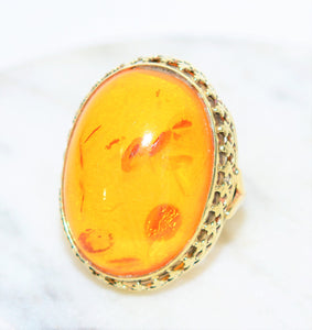 Natural Amber Ring 14K Solid Gold Solitaire Statement Antique Cocktail Vintage Fine Estate Jewelry