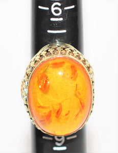 Natural Amber Ring 14K Solid Gold Solitaire Statement Antique Cocktail Vintage Fine Estate Jewelry