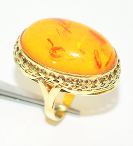 Natural Amber Ring 14K Solid Gold Solitaire Statement Antique Cocktail Vintage Fine Estate Jewelry