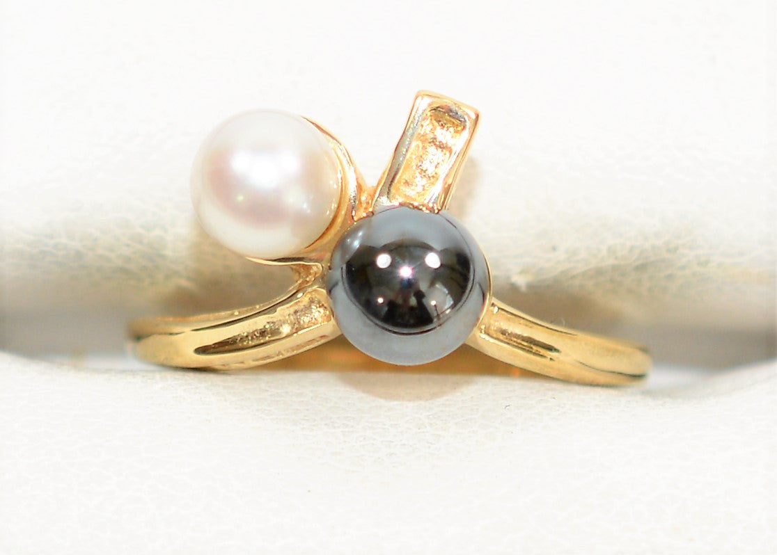 Natural Tahitian Pearl & Akoya Pearl Ring 10K Solid Gold 5.50mm Black Pearl Gemstone Ring Estate Jewelry Vintage Ring Statement Women’s Ring