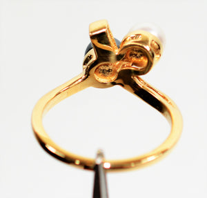 Natural Tahitian Pearl & Akoya Pearl Ring 10K Solid Gold 5.50mm Black Pearl Gemstone Ring Estate Jewelry Vintage Ring Statement Women’s Ring