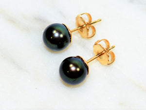 Natural Black Tahitian Pearl Earrings 14K Solid Gold Earrings Solitaire Earrings Ball Earrings Stud Earrings Vintage Estate Women's Earrings