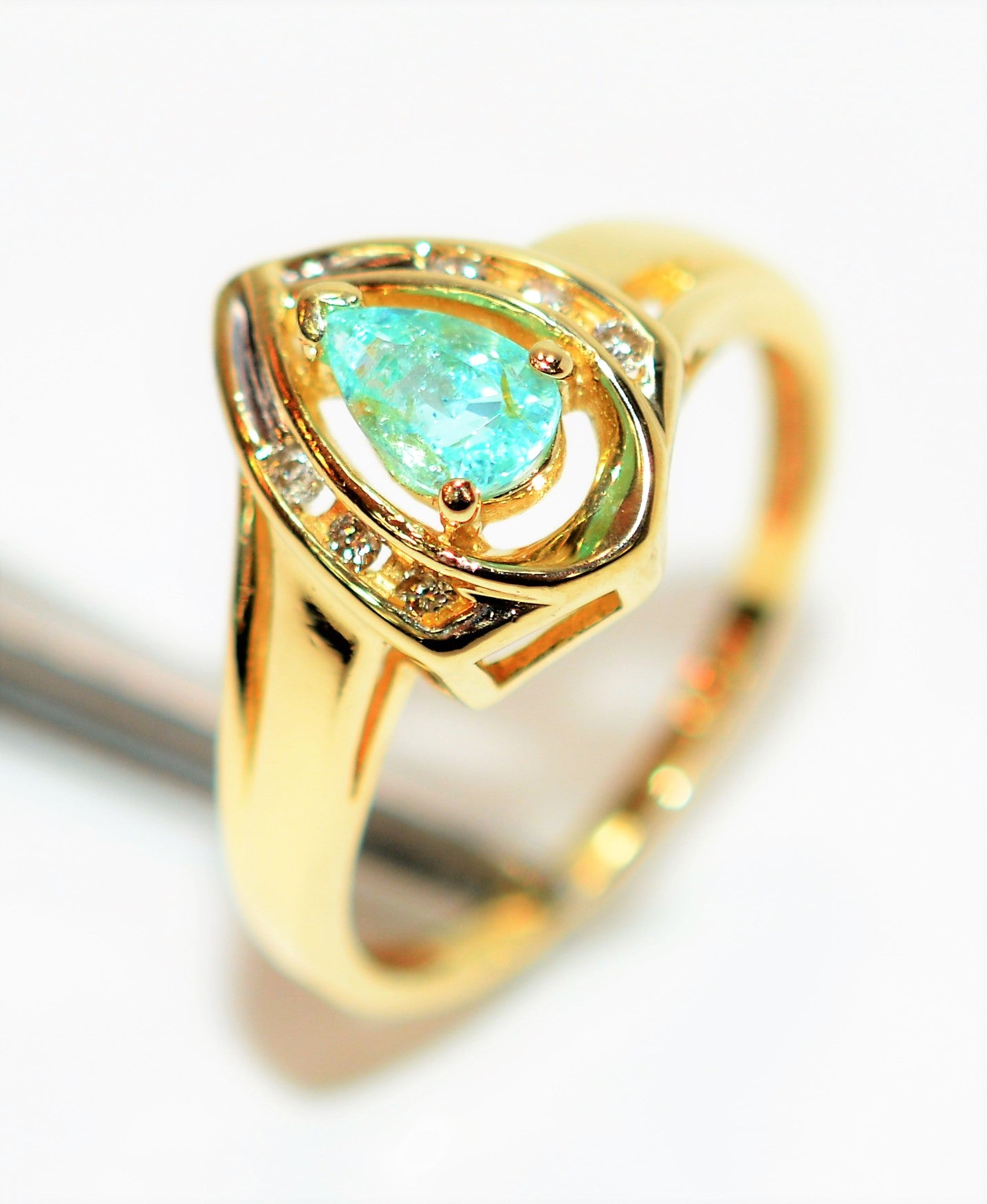 Natural Paraiba Tourmaline & Diamond Ring 10K Solid Gold .51tcw Pear Gemstone Women's Jewelry Estate Jewellery Birthstone Ring