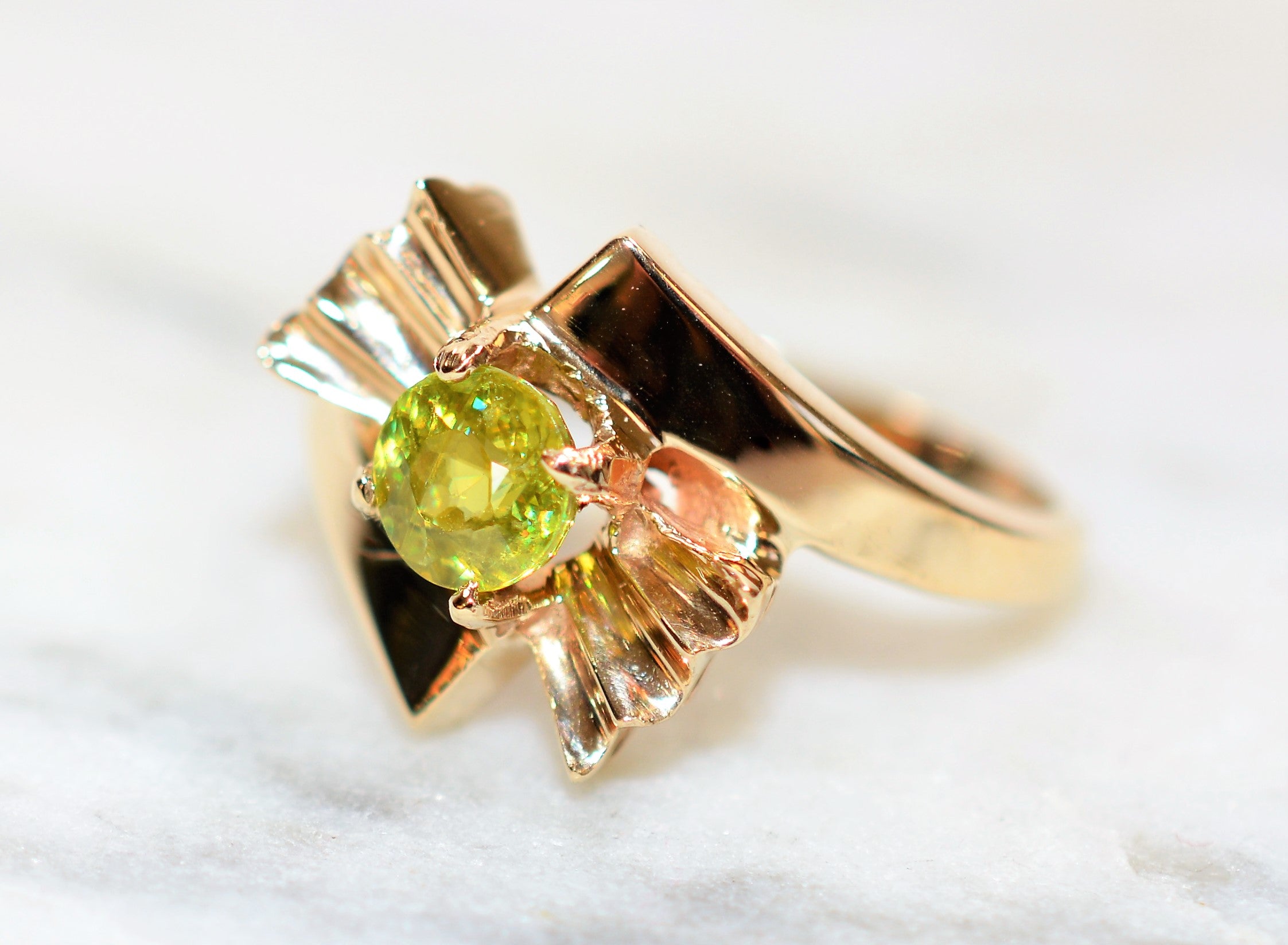 Natural Sphene Ring 10K Solid Gold Ring .42ct Gemstone Ring Titanite Ring Solitaire Ring Yellow Ring Green Ring Bow Ring Womens Ring Jewelry