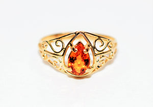 Natural Padparadscha Sapphire Ring 14K Solid Gold .77ct Pear Gemstone Ring Scroll Ring Solitaire Ring Gemstone Ring Vintage Jewellery Estate