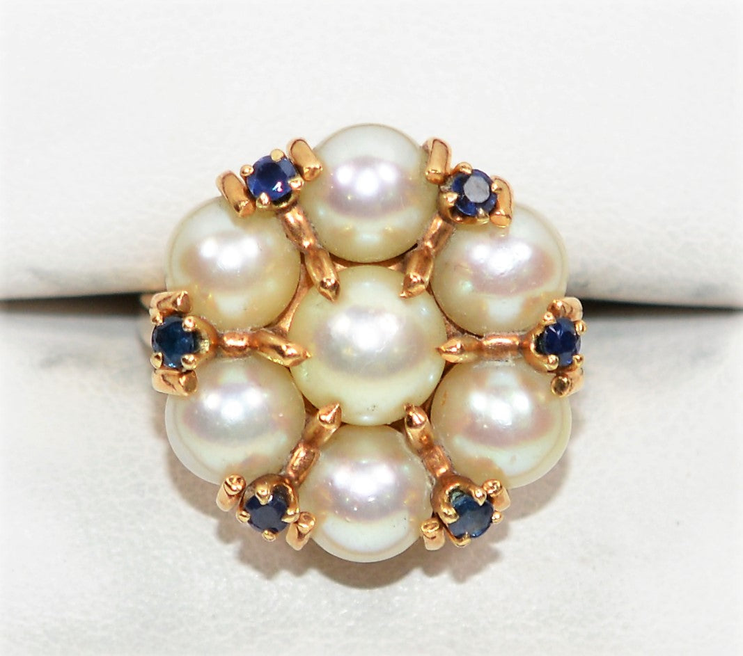 Natural Akoya Pearl & Blue Sapphire Ring 14K Solid Gold .24tcw Antique Ring Cluster Ring Cocktail Ring Statement Ring Fine Vintage Jewellery