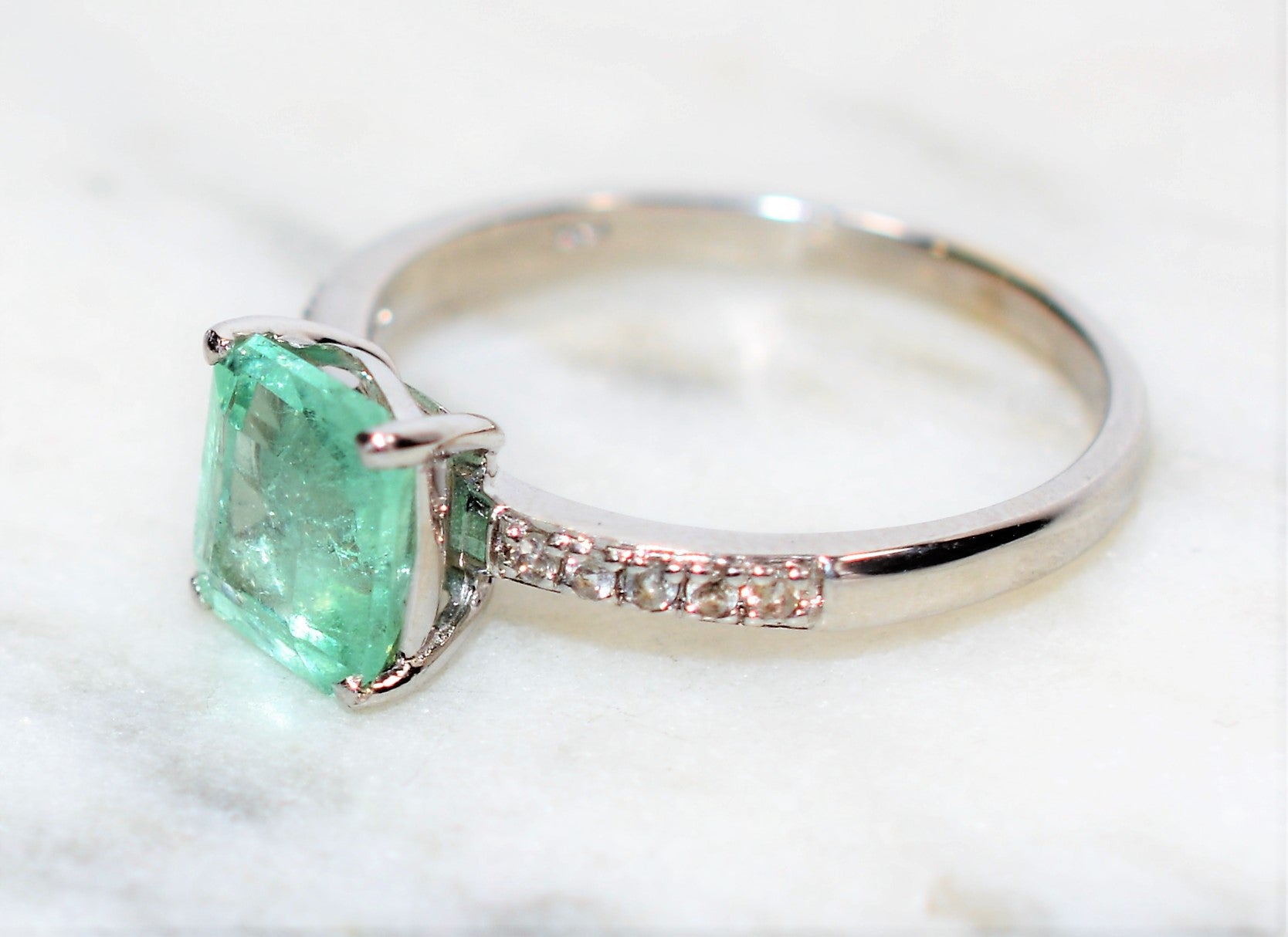 Natural Colombian Emerald & Diamond Ring 14K Solid White Gold 1.45tcw Gemstone Ring Birthstone Ring Statement Ring Vintage Estate Jewellery